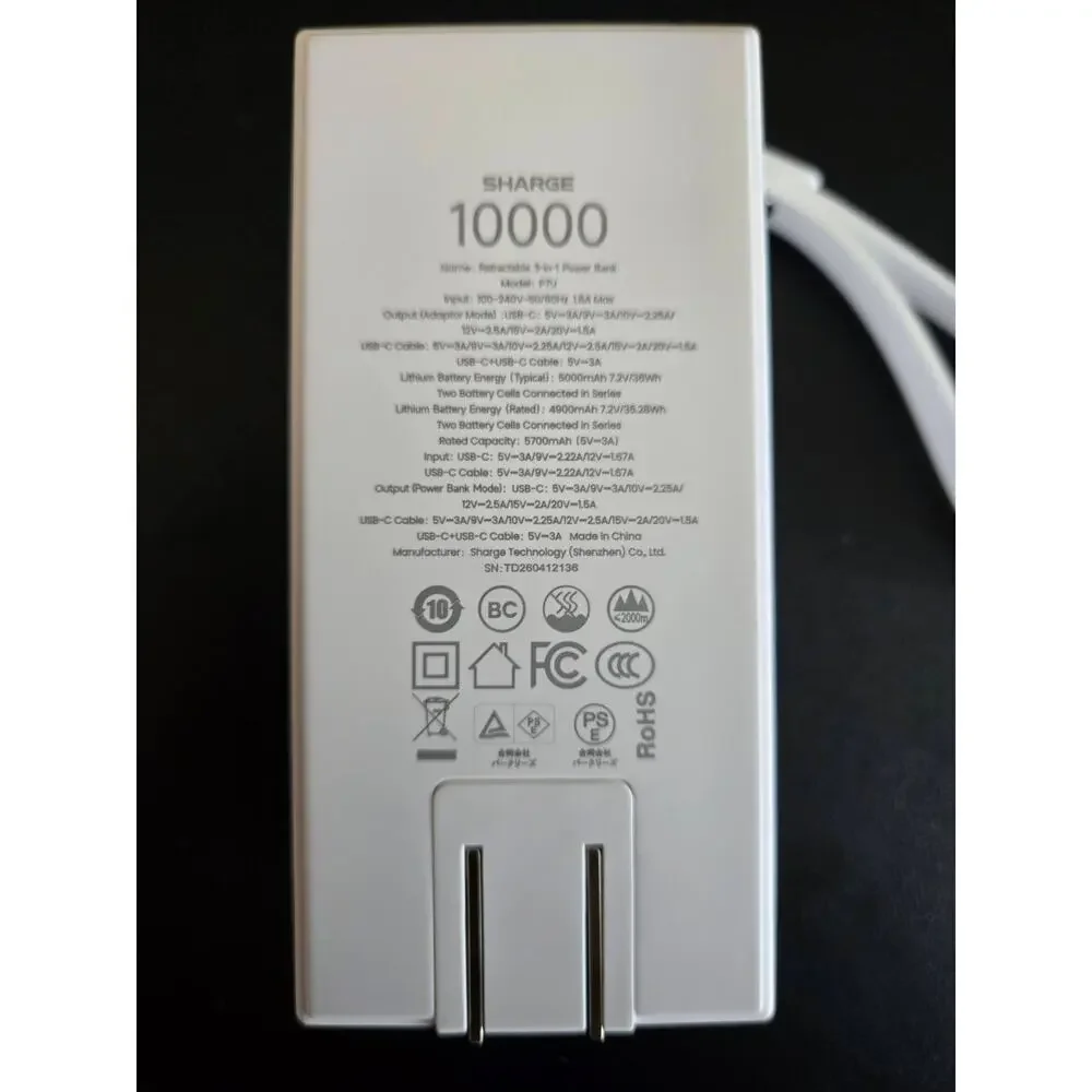 sharge 3 in 1 Power Bank 10000mAh with Retractable Cable Portable Charger